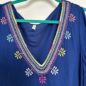 Francesca's Collections Blue Tunic with Multicolor Embroidery